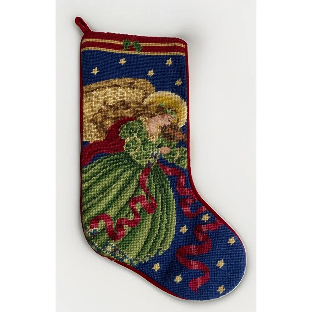 Vintage Christmas Tapestry Angel Stockings Lined Inside Velvet Backing (2)